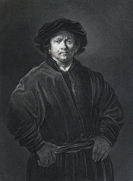 Protrait of Rembrandt by Rembrandt wyryty w zabytkowej książce Picture Galleries of Europe, wydanie MS. Wolf, vol. 1, 1862, St. Petersbur - Zdjęcie, obraz