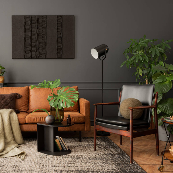 Creative composition of living room interior with mock up poster frame, brown sofa, leather armchair, black coffee table, plaid, pillows, plants and personal accessories. Home decor. Template.  - Фото, зображення