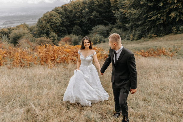 A romantic fairytale couple of newlyweds are walking in a field at sunset, behind fern leaves. The bride is in a white wedding dress, the groom is in a black classic suit and a white shirt - Φωτογραφία, εικόνα