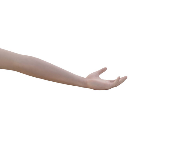 Рука людини досягає ізольованого на білому тлі з відсічним контуром. 3D візуалізація зображення. - Фото, зображення