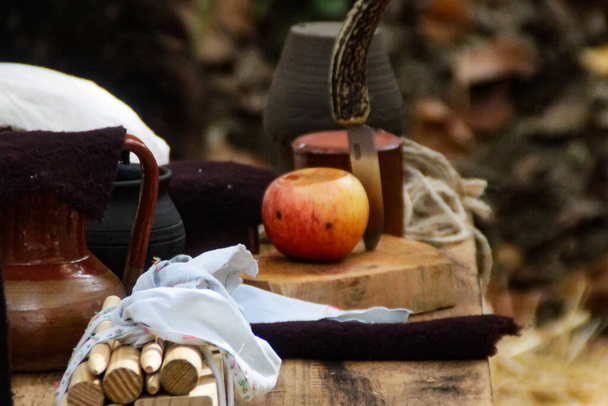 still life with a pumpkin and a basket of apples in the garden. - Foto, immagini