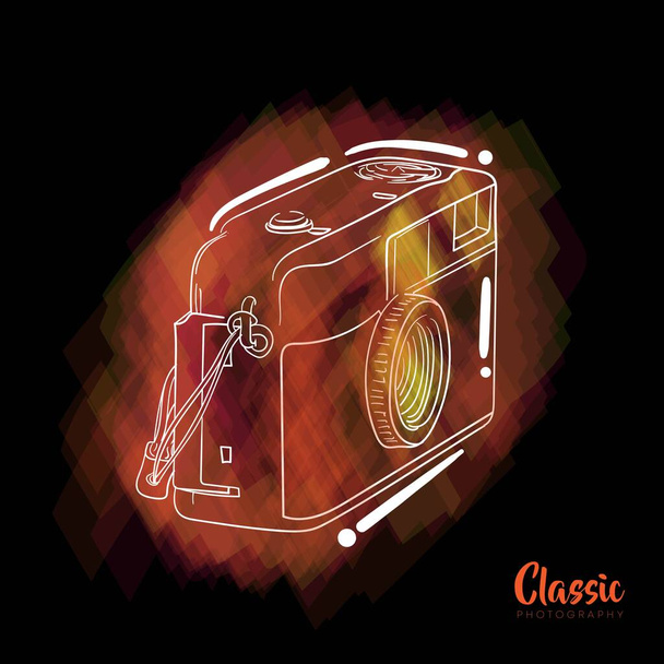 Disegno disegnato a mano della fotocamera tascabile con disegno di sfondo arancione pittura ad acqua - Vettoriali, immagini