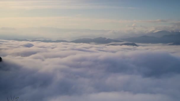 Dynaaminen pilvien meri on majesteettinen ja upea. Sulje se. Kunnioittavat näkymät Valkoiselle Pilvelle vuorenhuipulla. Taiwan - Materiaali, video
