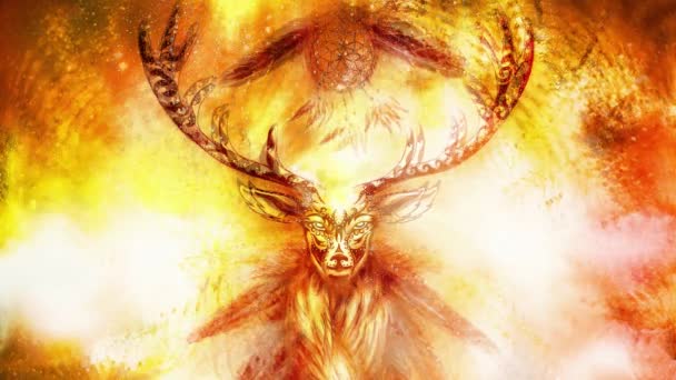 sacred ornamental deer spirit with dream catcher symbol and feathers in cosmic space - Footage, Video