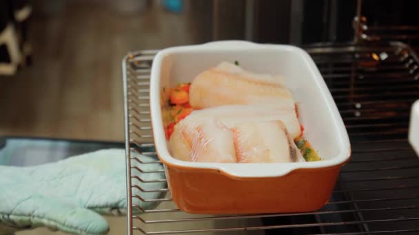 Filete de bacalao fresco para preparar un plato saludable con sal, pimienta molida, verduras frescas de temporada. - Imágenes, Vídeo