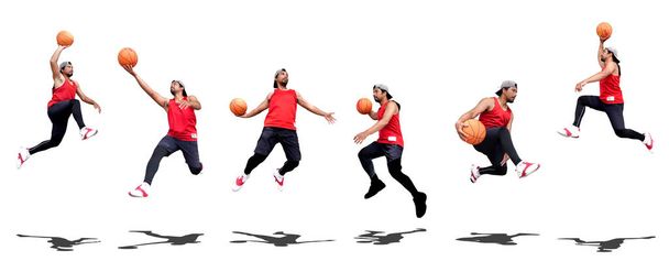 κολάζ του επαγγελματία μπασκετμπολίστα άλμα και να παίζουν μπάλα στο στούντιο - Φωτογραφία, εικόνα