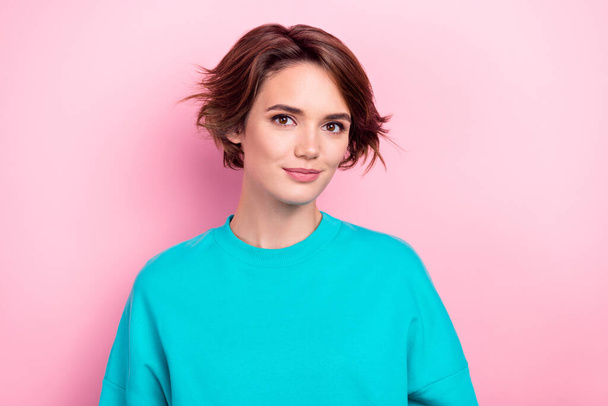 Closeup photo of adorable lovely cheery girl looking straight on camera wear turquoise jumper isolated pink color background. - Valokuva, kuva