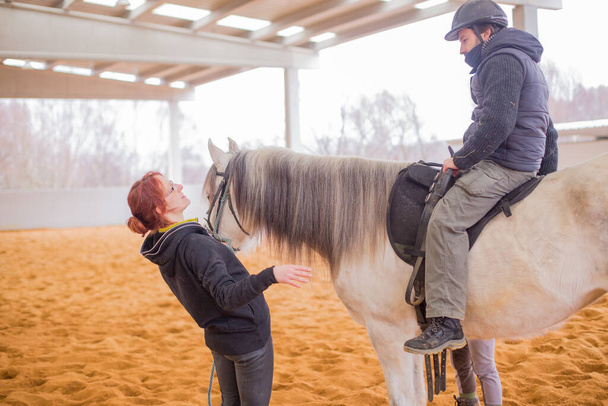 Wellness and psychotherapy or occupational therapy with horses. Professional health equine therapy for mental health treatment - Photo, Image