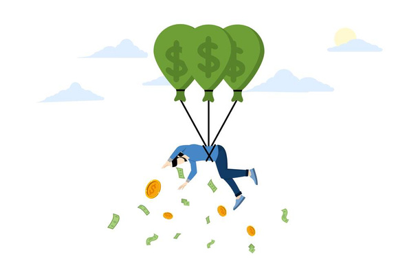 Personal inflationary crisis. Investment risks and bad debt conditions. Damage from the inflation crisis. household debt crisis. Businessman tied to bubble with hot air balloon. vector illustration. - Vector, Image