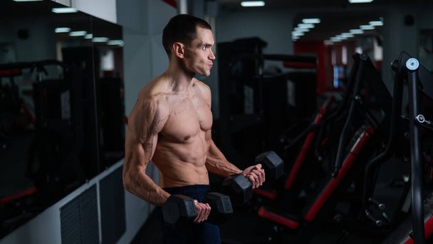 Shirtless man doing bicep exercises with dumbbells in the gym - Fotó, kép