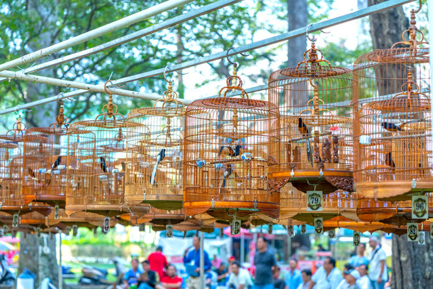 Les cages de la Paruline au concours de chant attirent de nombreux oiseaux du monde entier pour se rassembler dans le parc pendant le Nouvel An lunaire. - Photo, image