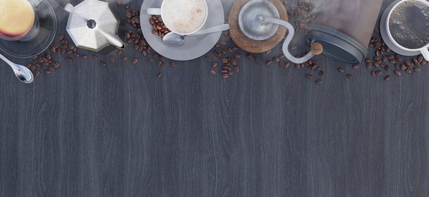 Enthält frisches Kaffeezubehör auf dem Holzboden geröstete Kaffeebohnen und Kaffeetassen 3D-Illustration von heißen Kaffeebohnen - Foto, Bild