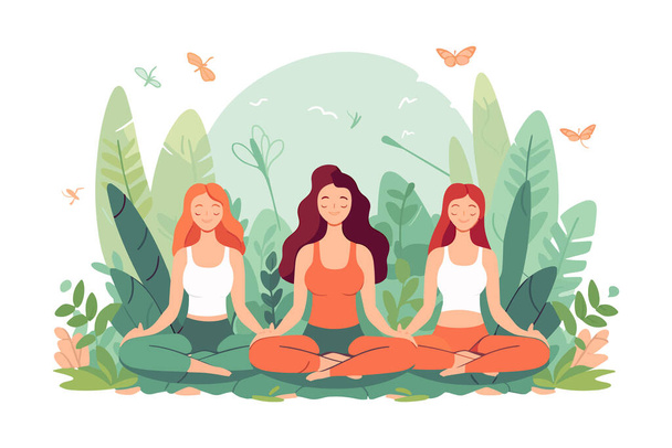 three girls doing illustration, international yoga day, yoga day banner, yoga day background - Vettoriali, immagini