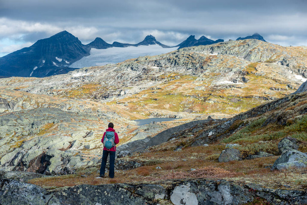 Hiker admires beautiful mountains near Skalavatnet Lake Suldal, Norway - Foto, Imagem