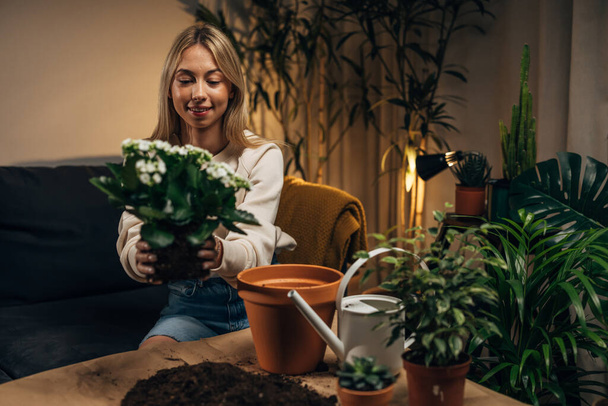 A beautiful blond woman enjoys taking care of her houseplants. - Foto, afbeelding