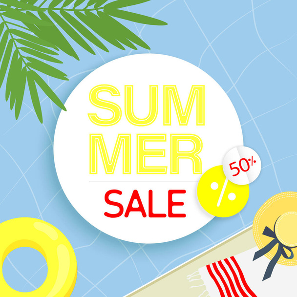 Summer Sale vector banner με φύλλα φοίνικα, πισίνα και float. Καλοκαίρι πώληση φωτεινό φόντο. - Διάνυσμα, εικόνα
