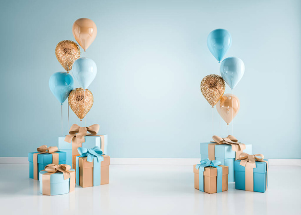 Representación interior 3D con globos azules y dorados, cajas de regalo. Pastel brillante composición con espacio vacío para cumpleaños, fiesta o promoción de productos banners de medios sociales, texto. Tamaño del cartel ilustración. - Foto, imagen