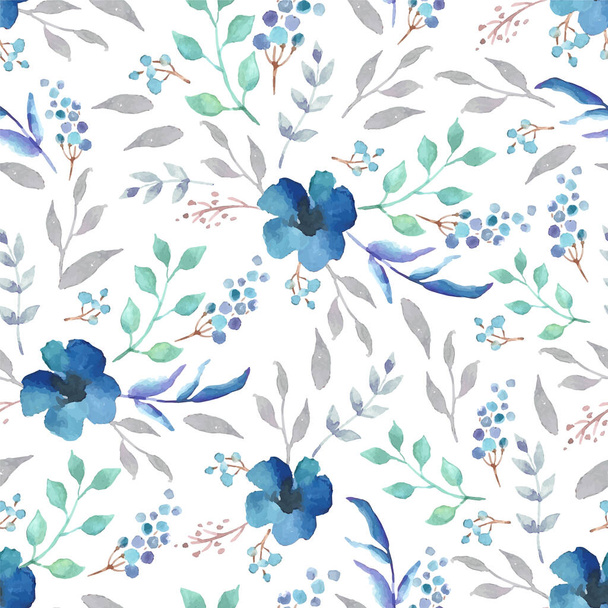 Vector watercolor seamless pattern with blue flowers. Floral background design. - Вектор,изображение