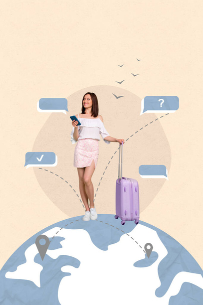 Vertical collage of positive girl use smart phone hold suitcase dialogue bubble geolocation mark world map flying birds isolated on beige background. - Fotó, kép