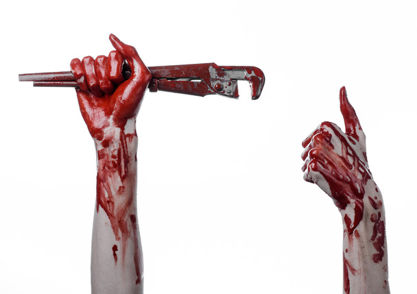 bloody hand holding an adjustable wrench, bloody key, crazy plumber, bloody theme, halloween theme, white background,isolated , bloody hand of an assassin, bloody murderer, psycho, bloody monkey wrenc - Фото, зображення
