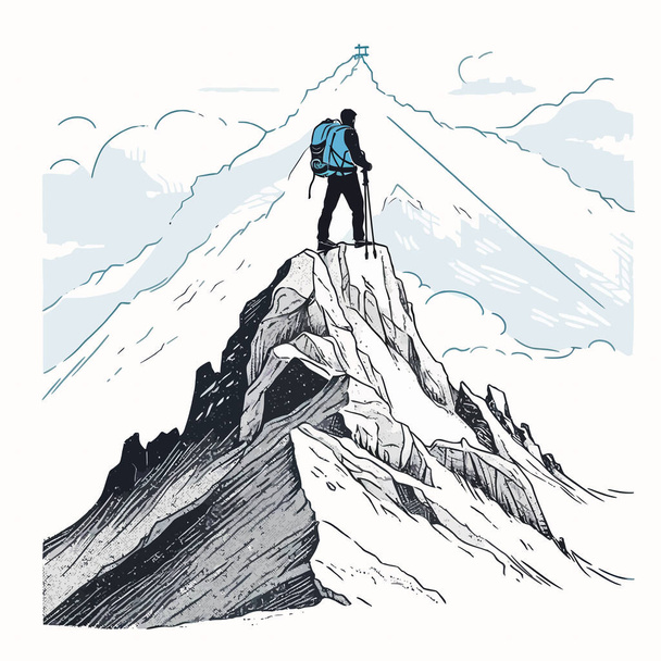 Um caminhante que chega ao cume de uma montanha e desfruta da vista panorâmica, ilustração vetorial - Vetor, Imagem