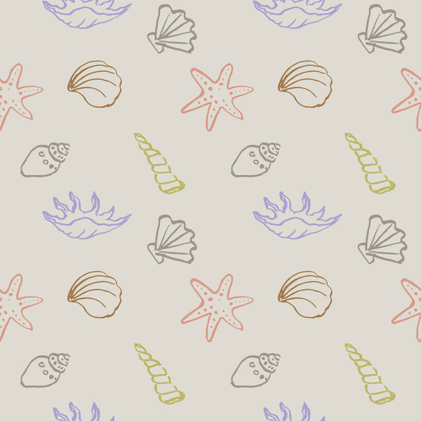 シーシェルシームレスな繰り返しパターンの背景、海洋のモチーフ。デザイン、繊維、ウェブ、包装紙、包装デザインのためのパターンで描かれた手描きの貝殻。 - ベクター画像