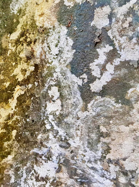 una fotografía de una pared sucia con una pintura amarilla y blanca, pared de hormigón con una pintura pelada y una pintura verde y blanca. - Foto, imagen