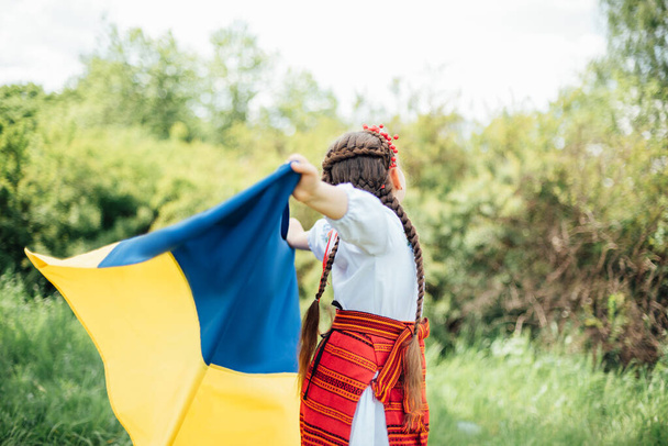 Ukraines Independence Flag Day. Constitution day. Ukrainian child girl in embroidered shirt vyshyvanka with yellow and blue flag of Ukraine in field. flag symbols of Ukraine. Kyiv, Kiev day - 写真・画像