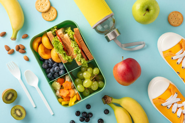 Take a breather from learning: high angle shot showcasing lunch box with vegan sandwiches, yummy fruits, vegetables, berries and nuts, water bottle and sneakers on pastel blue isolated background - Фото, изображение