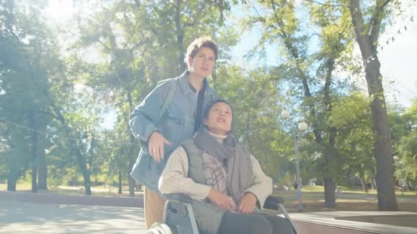 Молодая женщина с ограниченными возможностями сидит в инвалидном кресле и обсуждает что-то с подругой на прогулке в парке в солнечный день - Кадры, видео