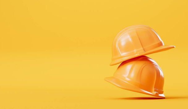 Yellow builders hard hat head protection on a yellow background. 3D Rendering. - Foto, afbeelding