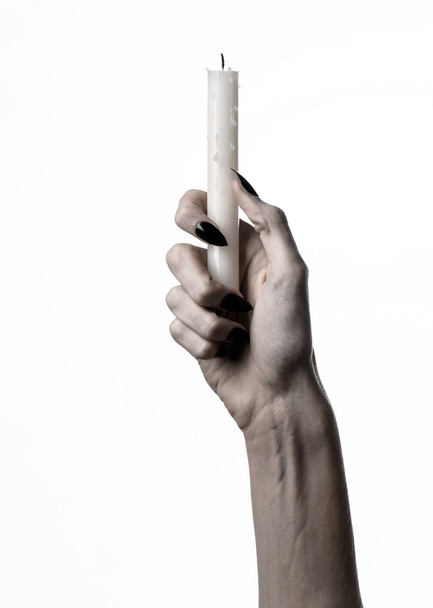 hands holding a candle, a candle is lit, white background, solitude, warmth, in the dark, Hands death, hands witch - Foto, Bild
