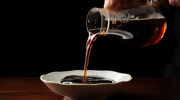 Soy sauce is poured from a bowl onto a plate - Photo, Image