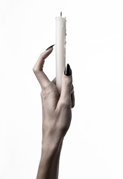 hands holding a candle, a candle is lit, white background, solitude, warmth, in the dark, Hands death, hands witch - Foto, Imagem