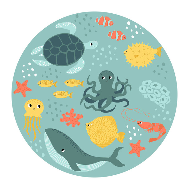 Vector ocean illustration with whale, octopus, turtle, flounder, shrimp, clown fish, starfish.Underwater marine animals.Ecology design for banner,flyer,postcard, website design,t-shirt,poster. - Vector, imagen