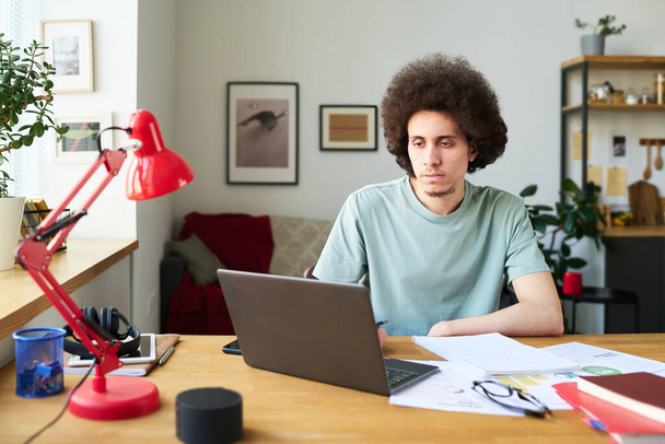 Mladý muž pracující on-line na notebooku, zatímco sedí u stolu s dokumenty a dalšími hračkami doma - Fotografie, Obrázek