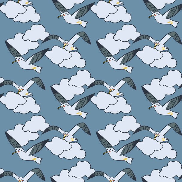 Seamless pattern with cartoon seagulls in the sky and clouds. Outline vector flat sea birds on blue background Ideal for kids textile, wallpaper, wrapping, background, interior decoration, home design - Vektori, kuva