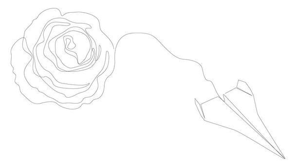 バラの花と紙飛行機の1つの連続行。細い線イラストベクトルのコンセプト。Contour Drawing Creative ideas. - ベクター画像