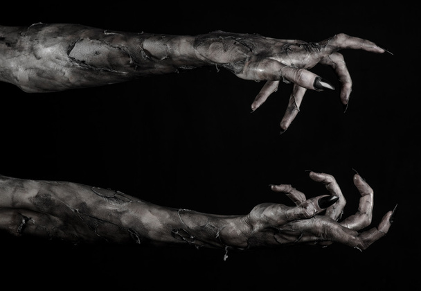 black hand of death, the walking dead, zombie theme, halloween theme, zombie hands, black background, isolated, hand of death, mummy hands, the hands of the devil, black nails, hands monster - Φωτογραφία, εικόνα