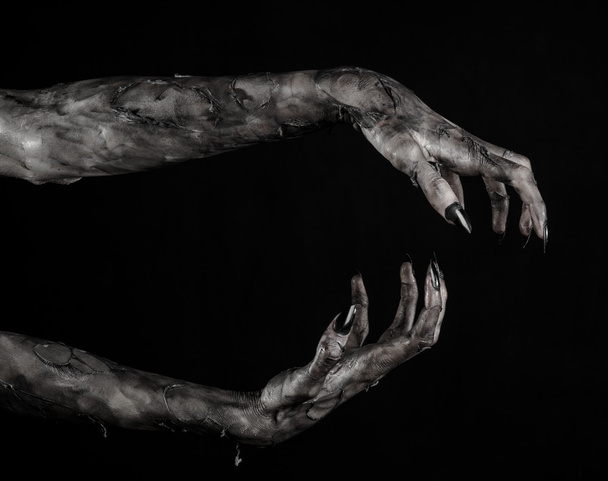 black hand of death, the walking dead, zombie theme, halloween theme, zombie hands, black background, isolated, hand of death, mummy hands, the hands of the devil, black nails, hands monster - Foto, Imagen