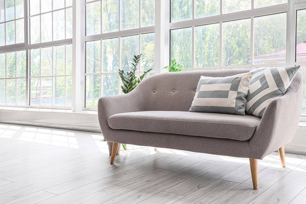 Cozy grey sofa with cushions and houseplants near big window - 写真・画像