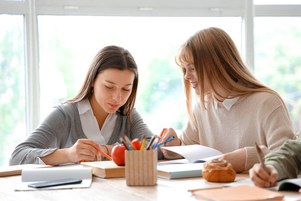 Γυναίκες φοιτητές που σπουδάζουν στο τραπέζι στην τάξη - Φωτογραφία, εικόνα