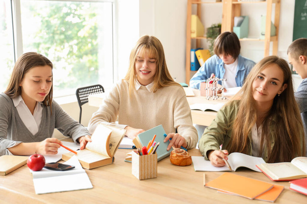 Female students studying at table in classroom - Photo, Image