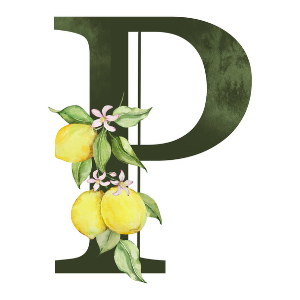 Темно-зеленая буква Р с акварельными лимонами и листьями - Фото, изображение