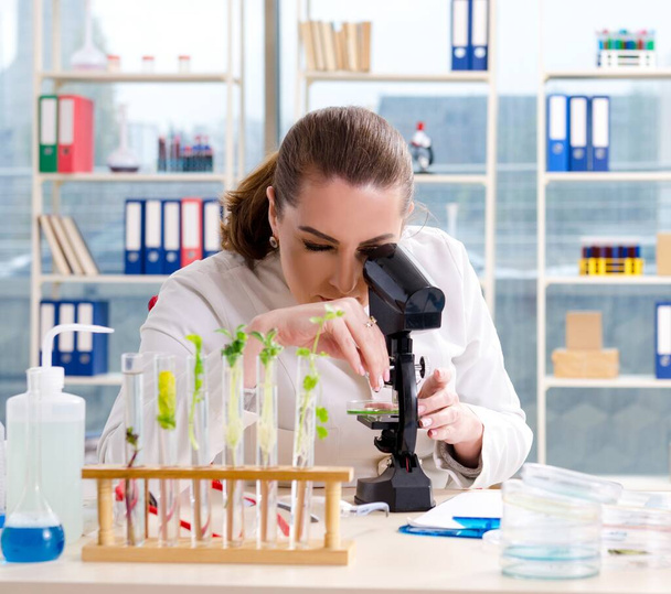 Женщина-биотехнолог, химик, работающая в лаборатории - Фото, изображение