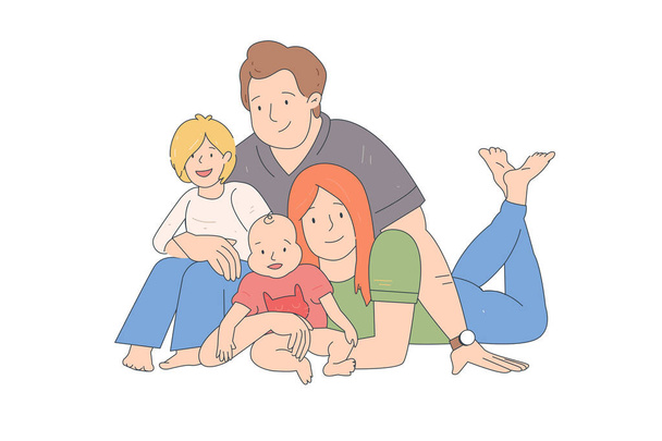 Schöne und glücklich lächelnde junge Familie in weißen T-Shirts umarmen sich. Vektorillustration - Vektor, Bild