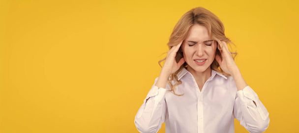 Managing migraine at work. Woman boss suffer from headache. Migraine attack. Head ache. Woman isolated face portrait, banner with mock up copy space - Photo, Image