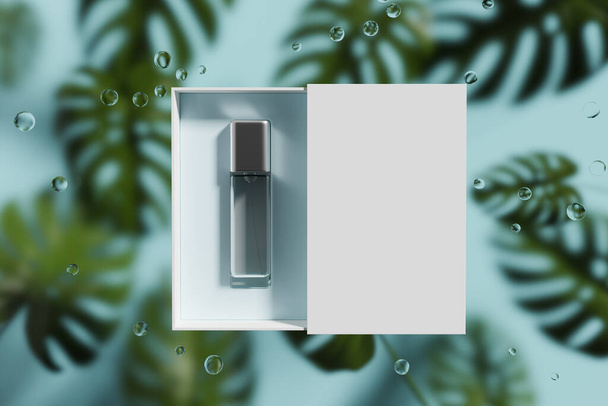 Small flacon in blank open gift box on green palm trees blurry background. Concept of skin, beauty care and natural cosmetics. Mockup for product presentation. 3D rendering illustration - Fotoğraf, Görsel