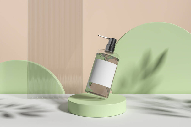 Flying soap bottle with dispenser, green cylinder podium on abstract beige and green background. Concept of cosmetics and skin care. Mockup for product display. 3D rendering illustration - 写真・画像