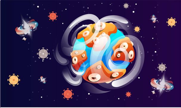 Space game elements. Cartoon luminous shine cosmic objects rotates, approaching the planet on outer space background. Colored bright glow around a cosmic element on a dark blue vector illustration - Vector, Image